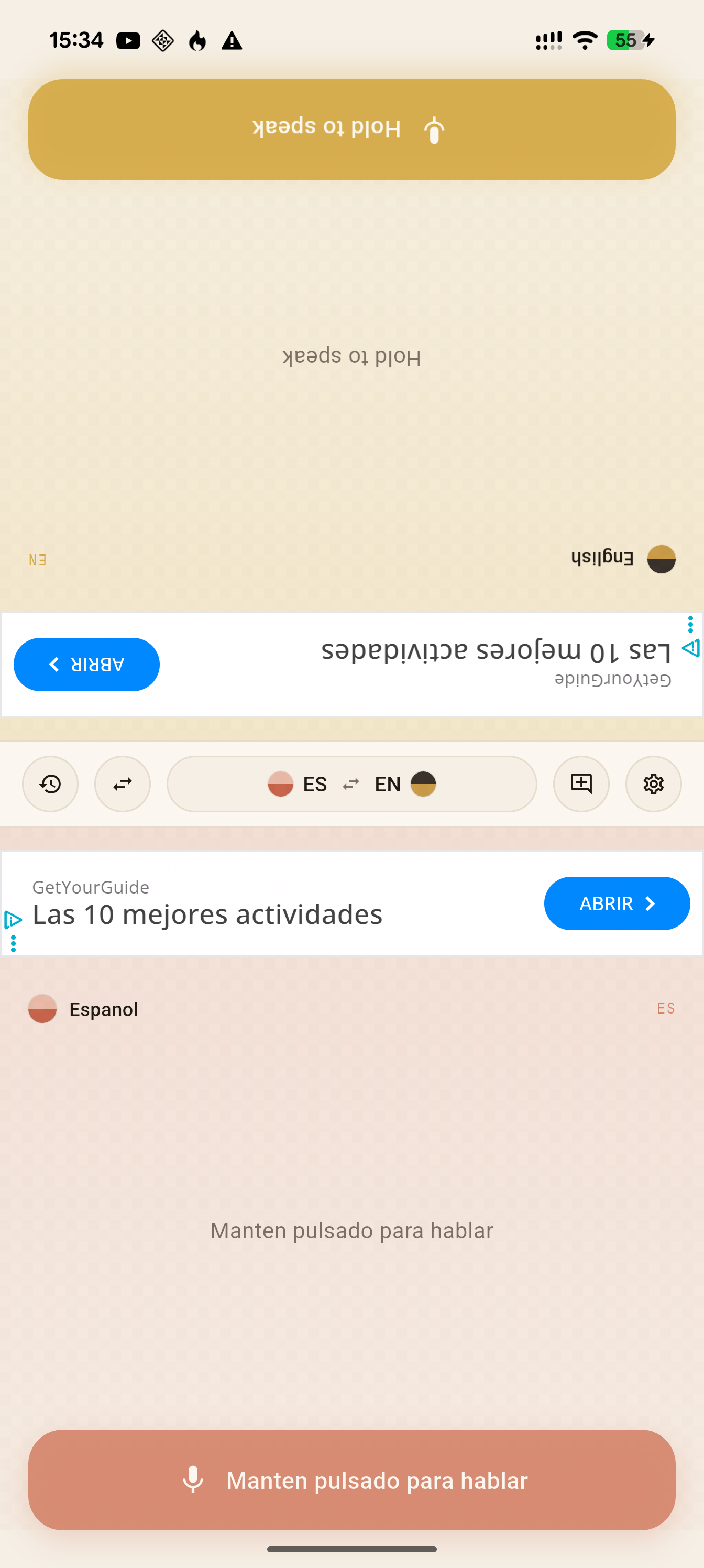 Modo dúo de F2F Talk con cada idioma en una mitad de la pantalla