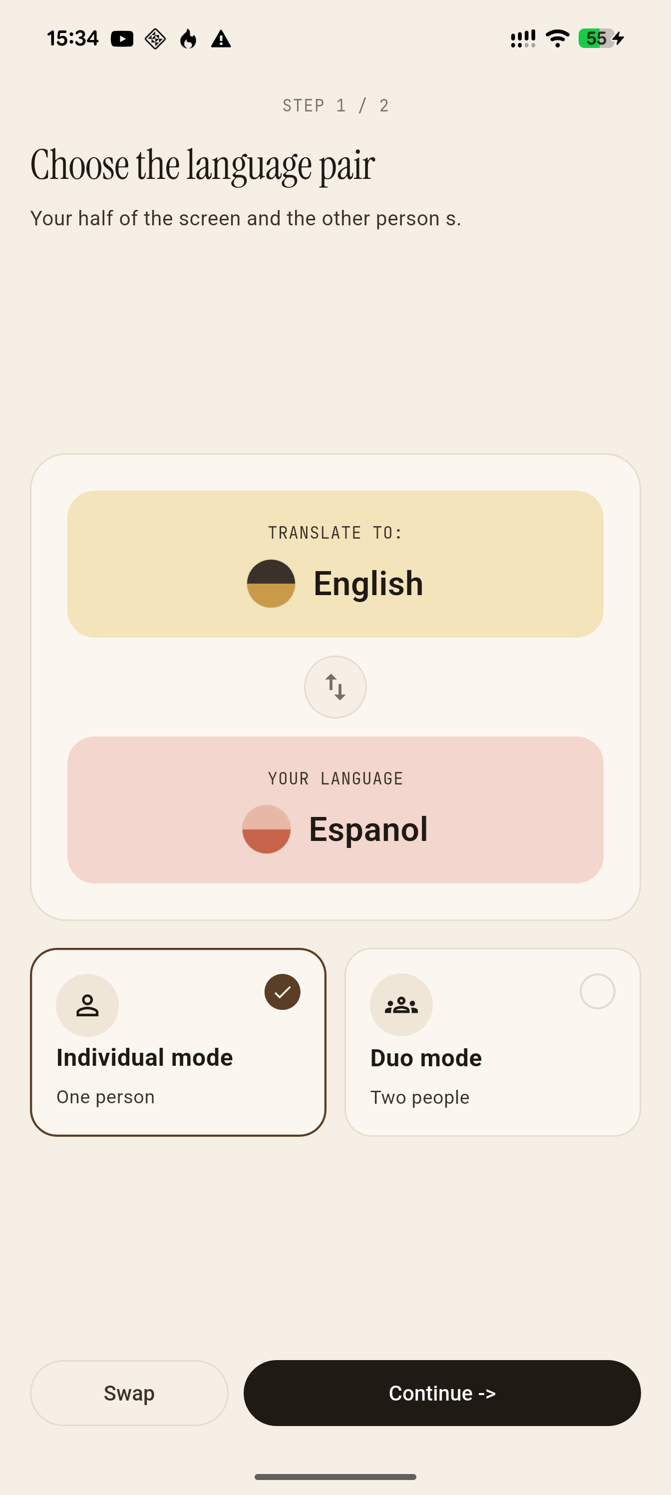 Pantalla de selección de idiomas y modo de F2F Talk